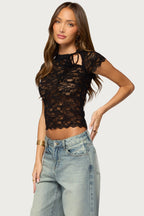 Cleoh Keyhole Sheer Lace Top