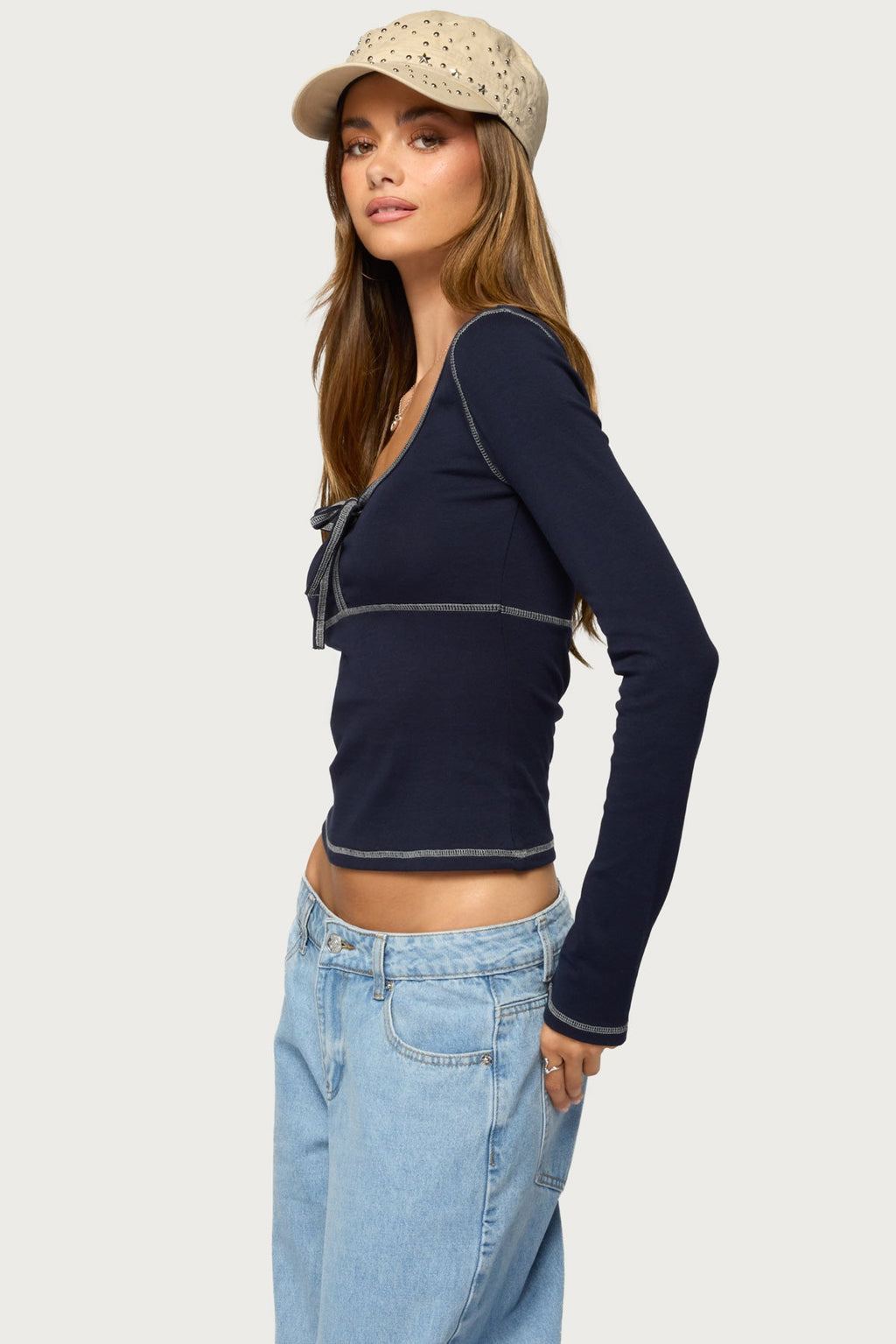 Harpen Contrast Stitch Long Sleeve Top