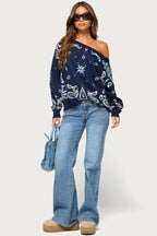 Faiga Off Shoulder Bnadana Knit Sweater